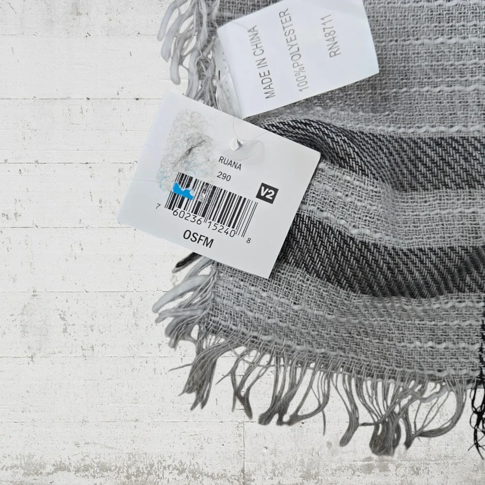 Falls Creek Gray Black Plaid Fringe Knit Wrap Style Blanket Scarf Poncho Shawl